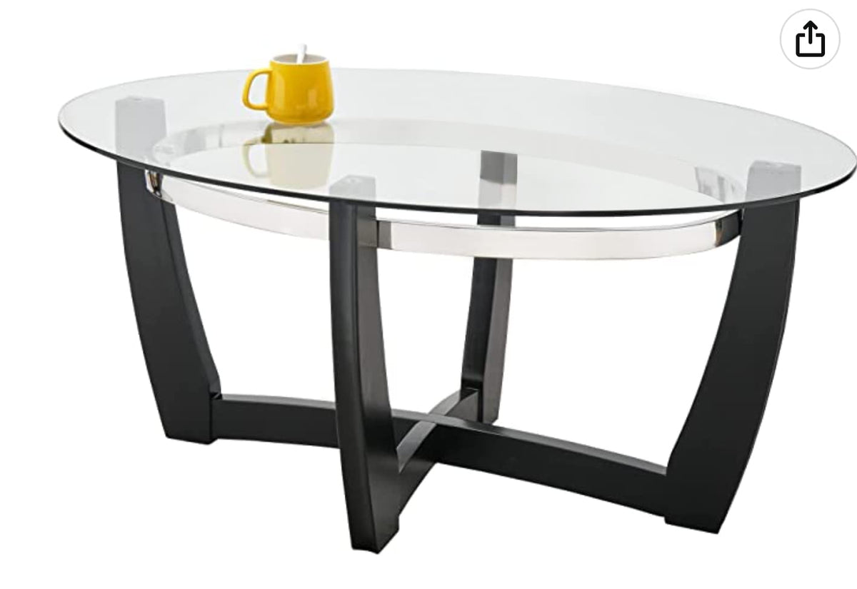 Glass Coffee Table with Solid Wood Base, 43.3''L x 29.5''W x 20.1''H Q671