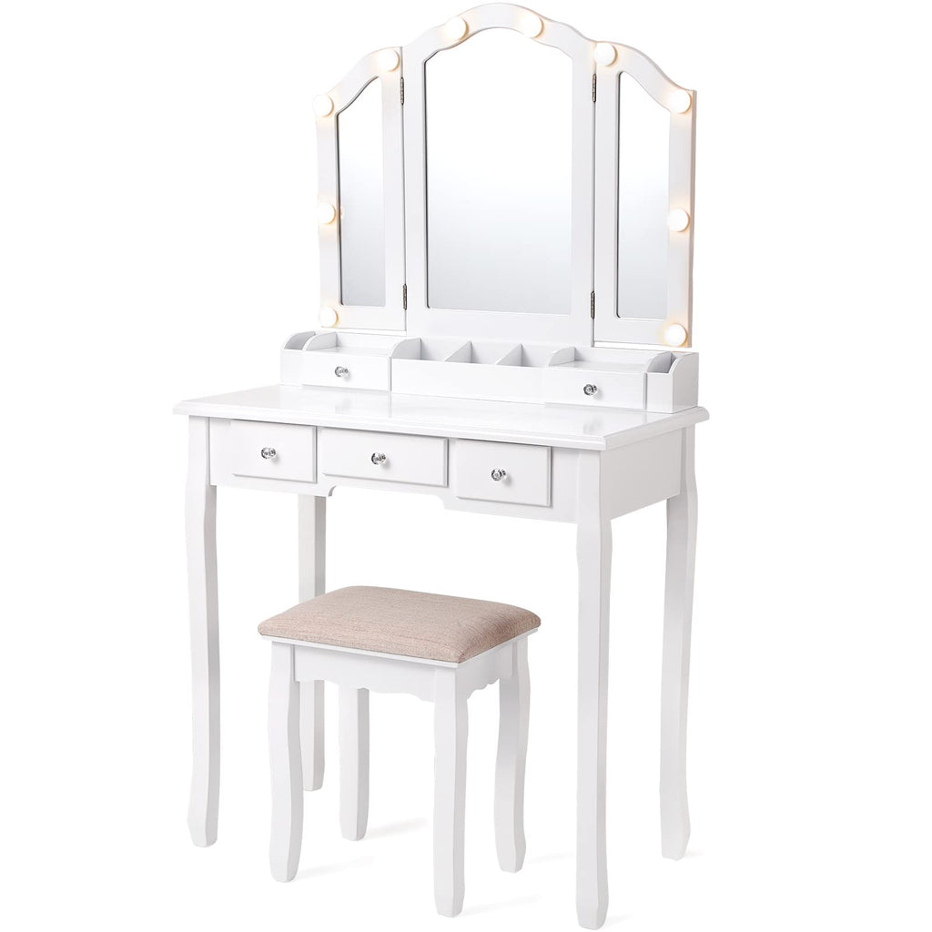 White Makeup Vanity Desk with Mirror and Chair P156