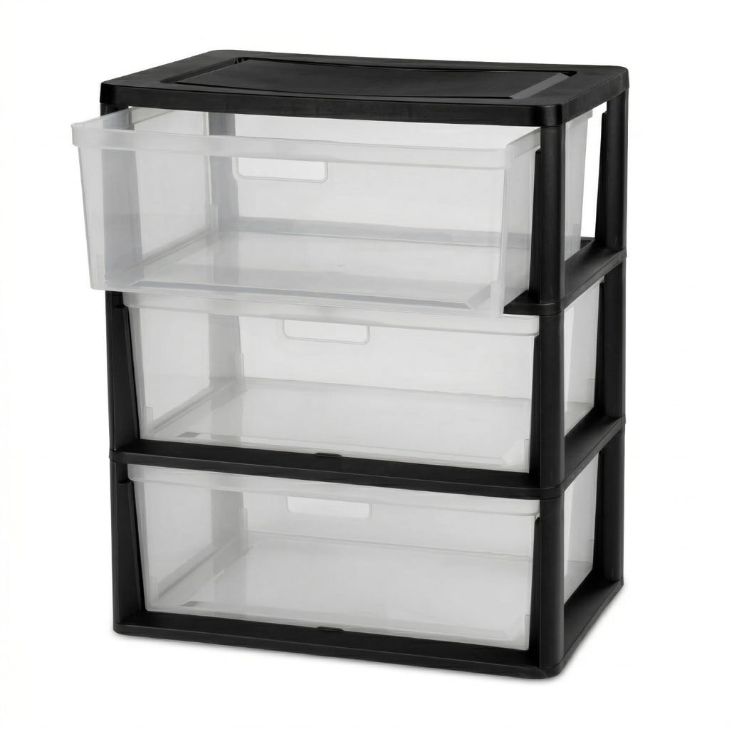 Black 3 Drawer Storage Organizer Tower with Clear Plastic Bins L544