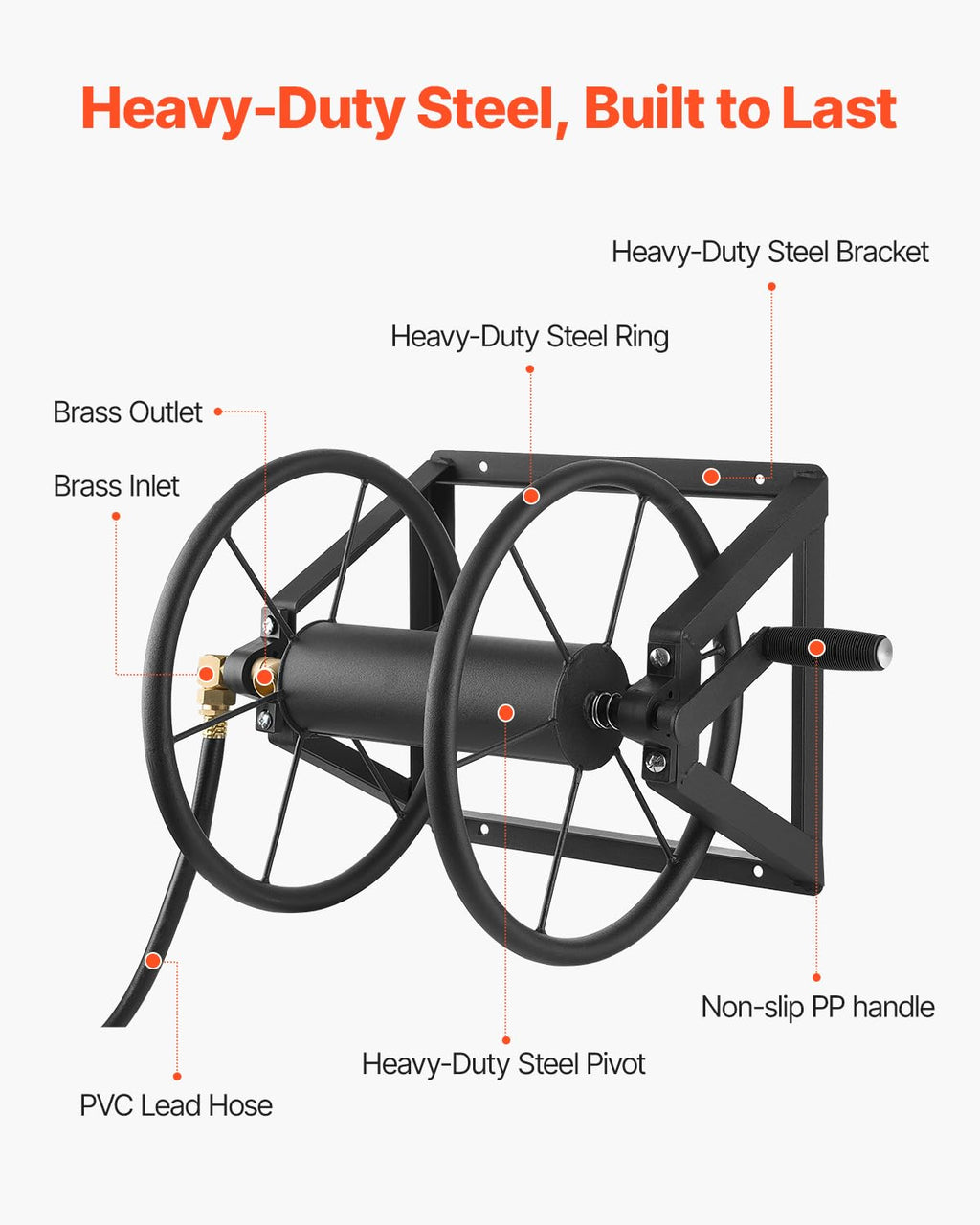 Wall Mounted Garden Hose Reel, Holds 200 ft 5/8-inch, Heavy-Duty Steel H8120