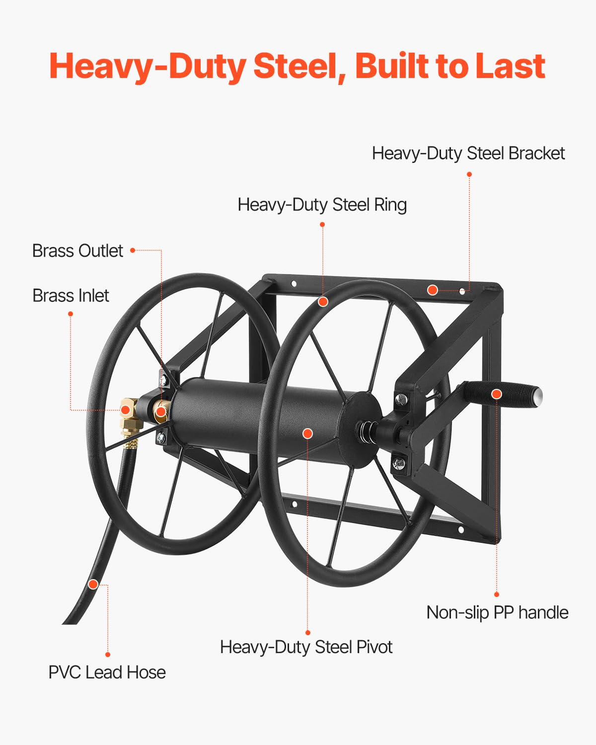 Wall Mounted Garden Hose Reel, Holds 200 ft 5/8-inch, Heavy-Duty Steel H8120
