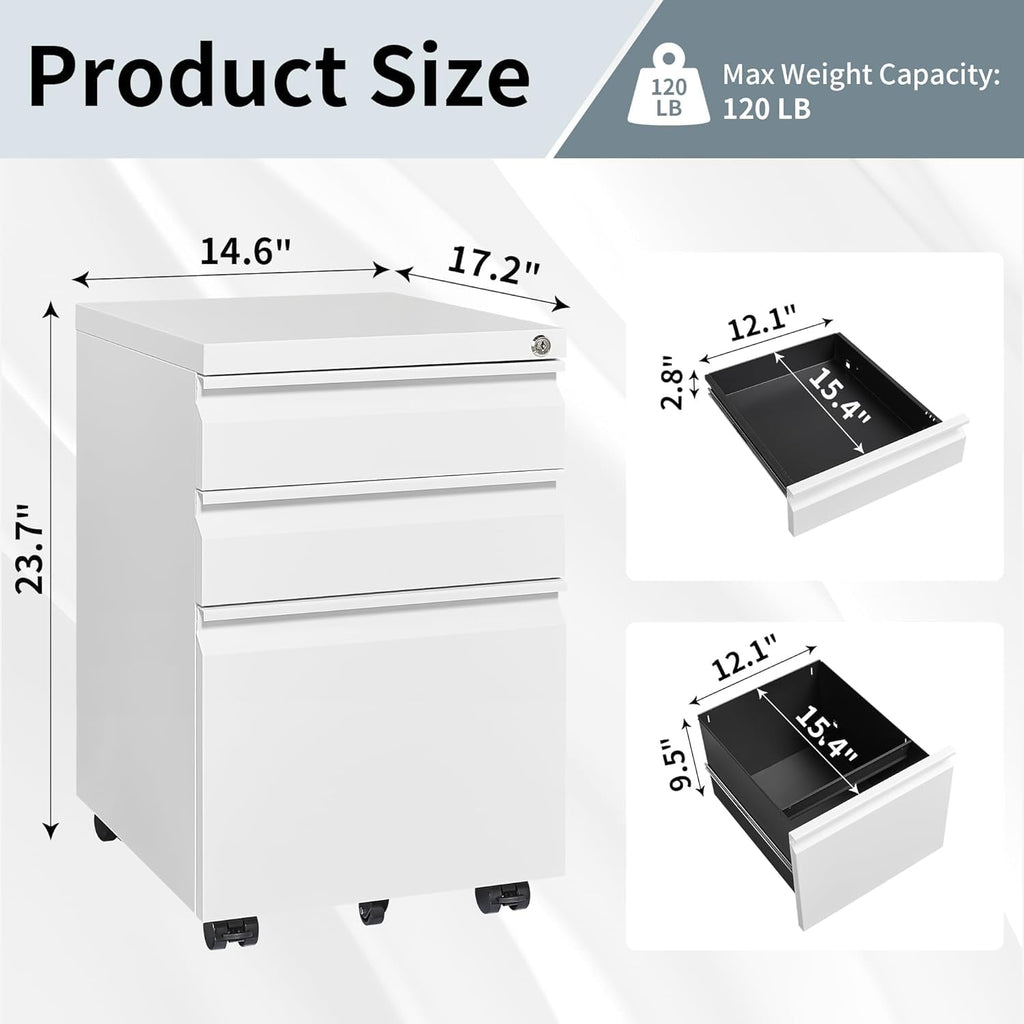 3 Drawer Locking File Cabinet Matte White Q2260