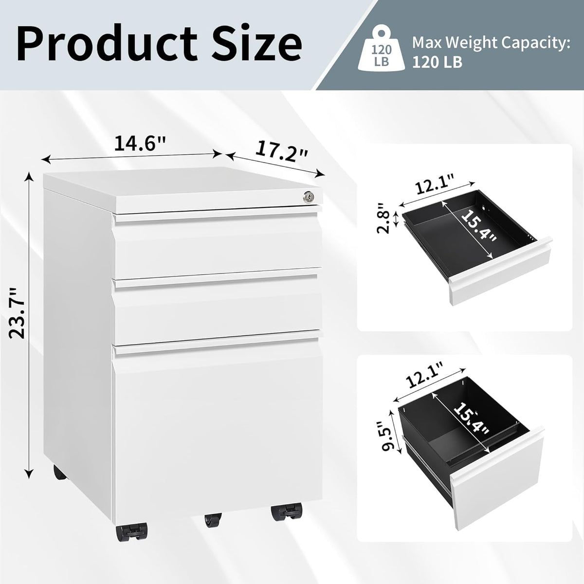 3 Drawer Locking File Cabinet Matte White Q2260