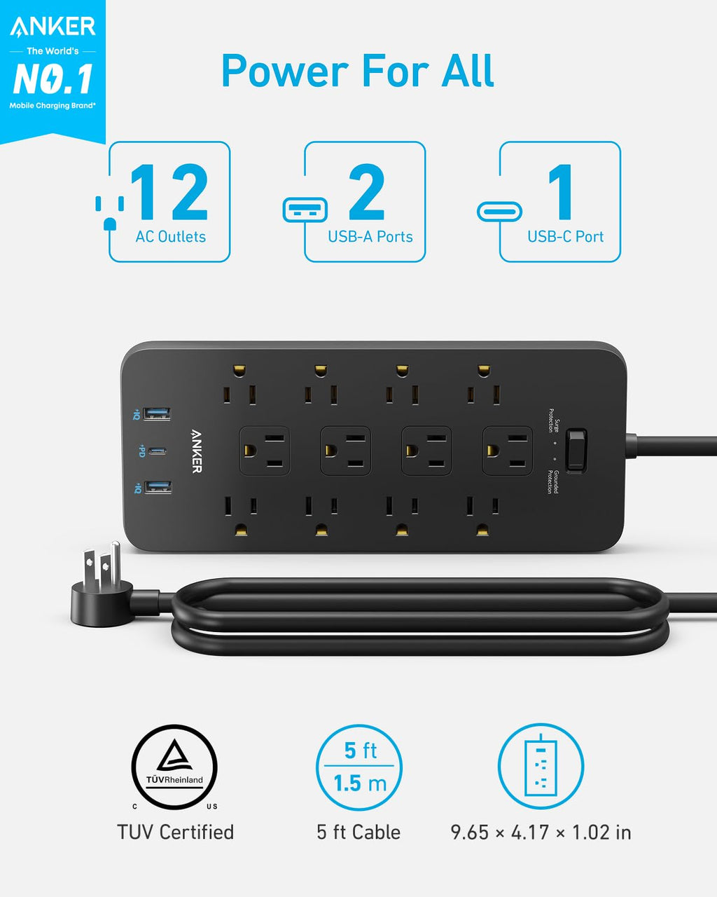 Power Strip with Surge Protector, Outlet Extender, 20W, 12 AC G69346
