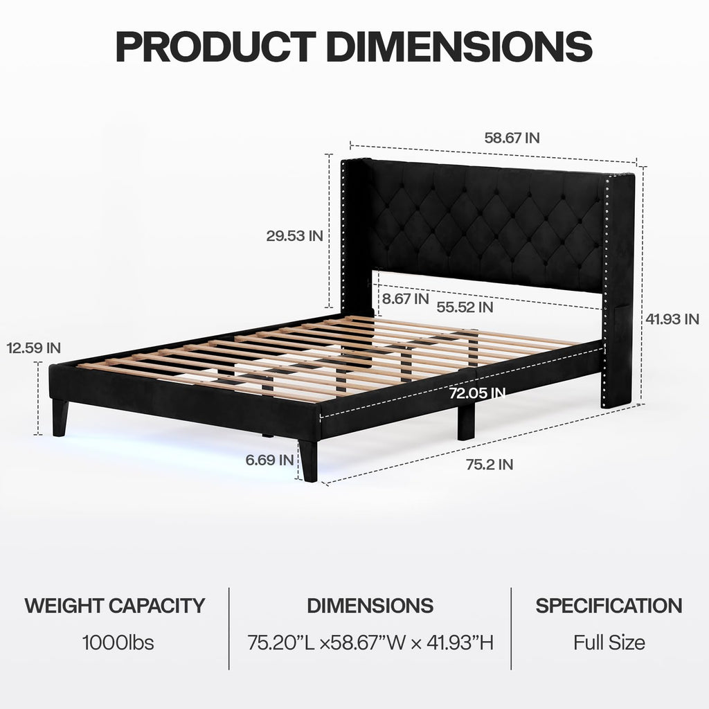 Black Velvet Upholstered Platform Bed Frame with Wingback Headboard Q34834