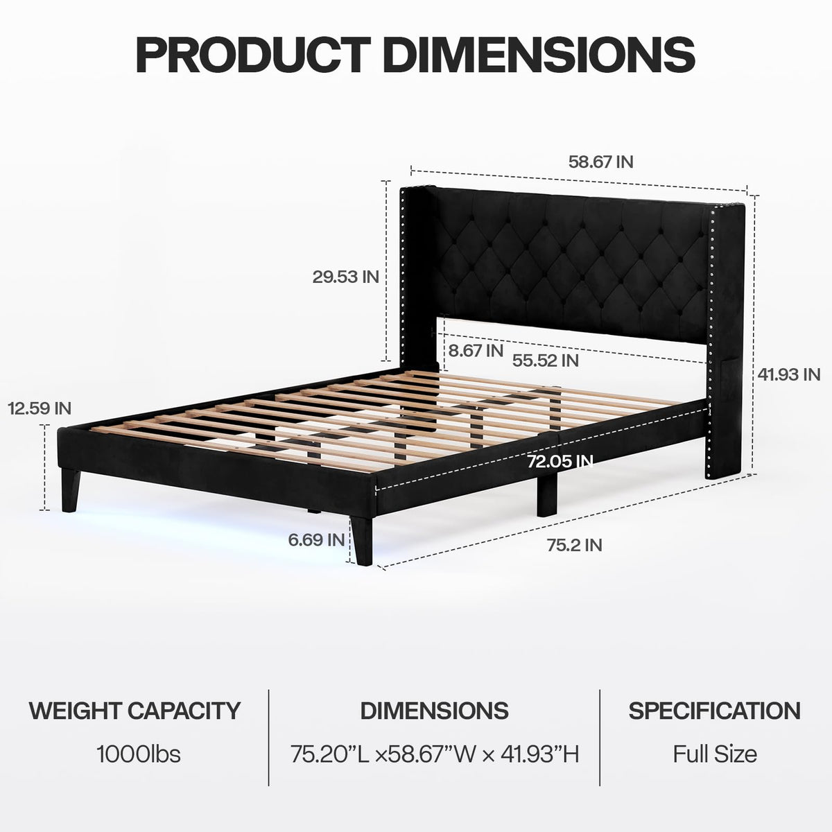 Black Velvet Upholstered Platform Bed Frame with Wingback Headboard Q34834
