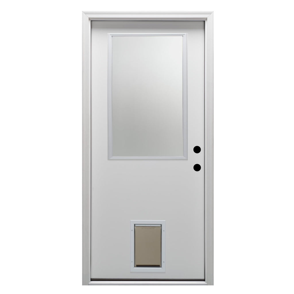 Steel Primed Left Hand In-Swing Prehung Front Door with Pet Door Clear Glass 36" x 80" R12087