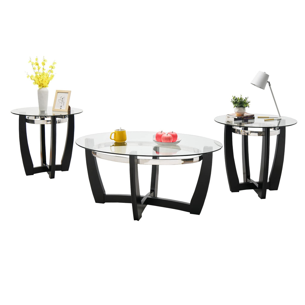 Glass Coffee Table with Solid Wood Base, 43.3''L x 29.5''W x 20.1''H Q671