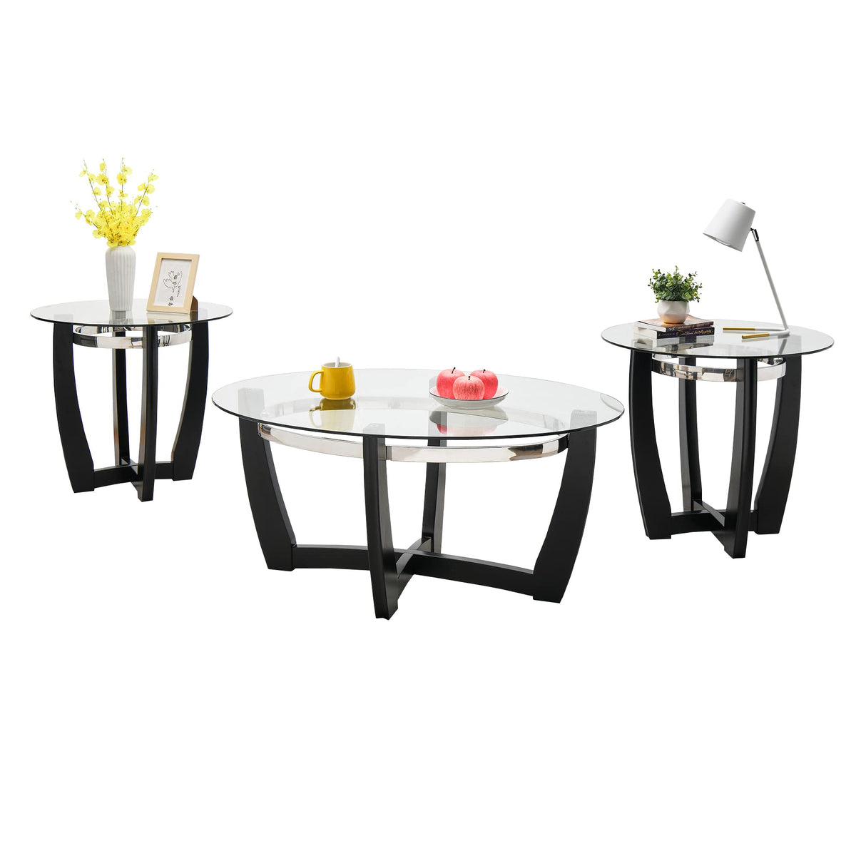 Glass Coffee Table with Solid Wood Base, 43.3''L x 29.5''W x 20.1''H Q671