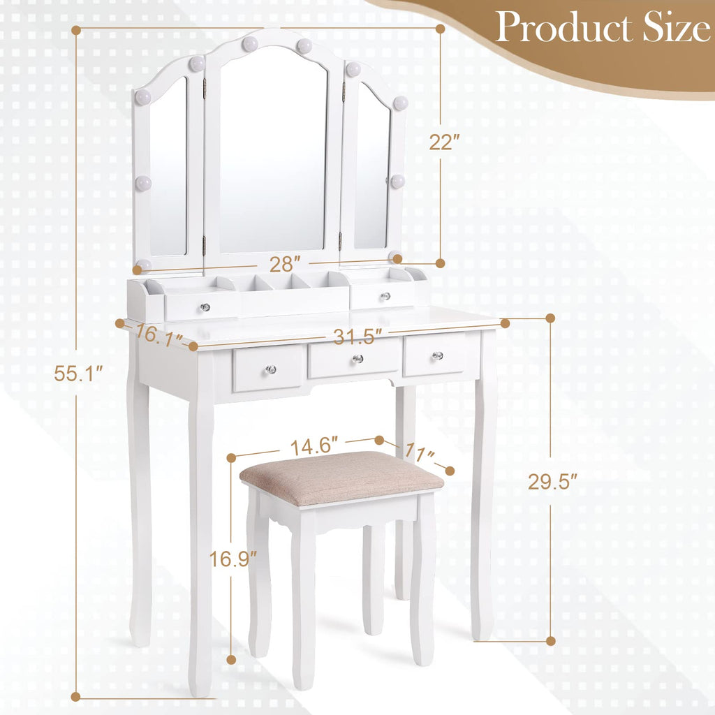 White Makeup Vanity Desk with Mirror and Chair P156