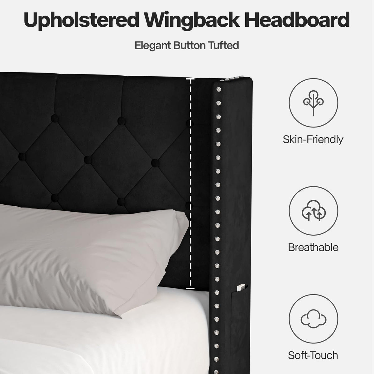 Black Velvet Upholstered Platform Bed Frame with Wingback Headboard Q34834