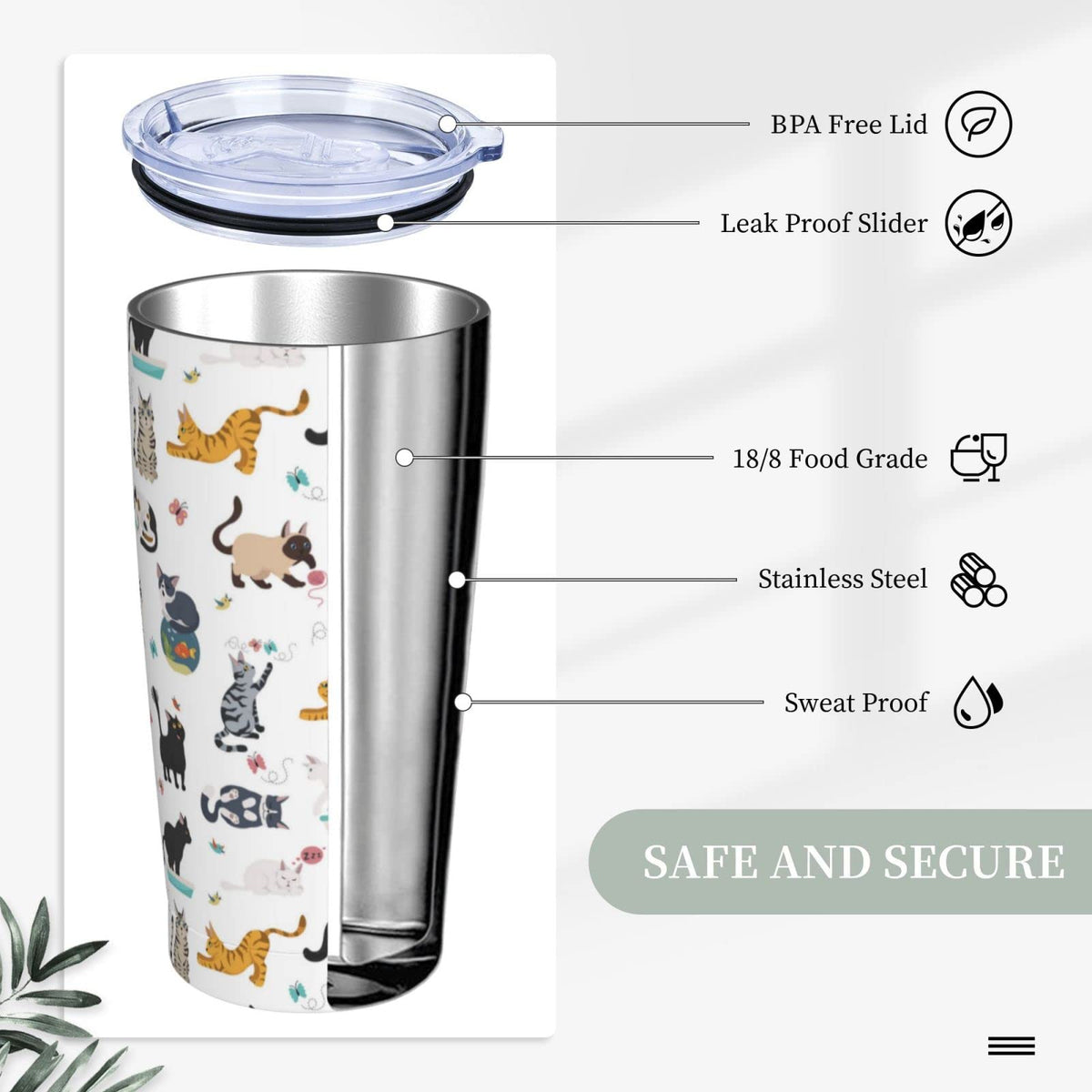 20 Oz Stainless Steel Insulated Cat Tumbler with Lid and Straw S6154