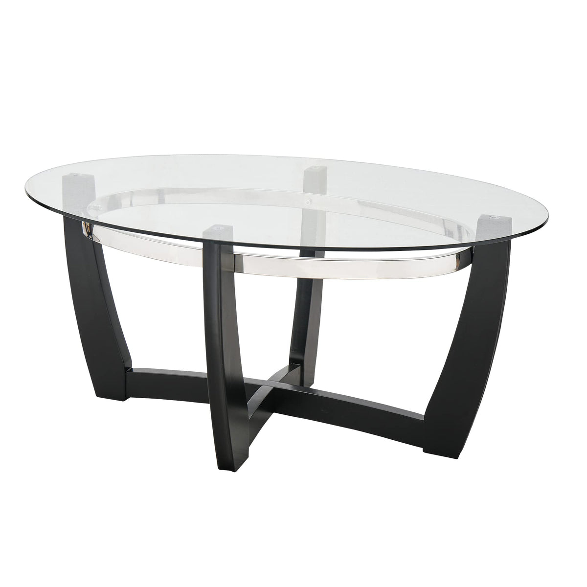 Glass Coffee Table with Solid Wood Base, 43.3''L x 29.5''W x 20.1''H Q671