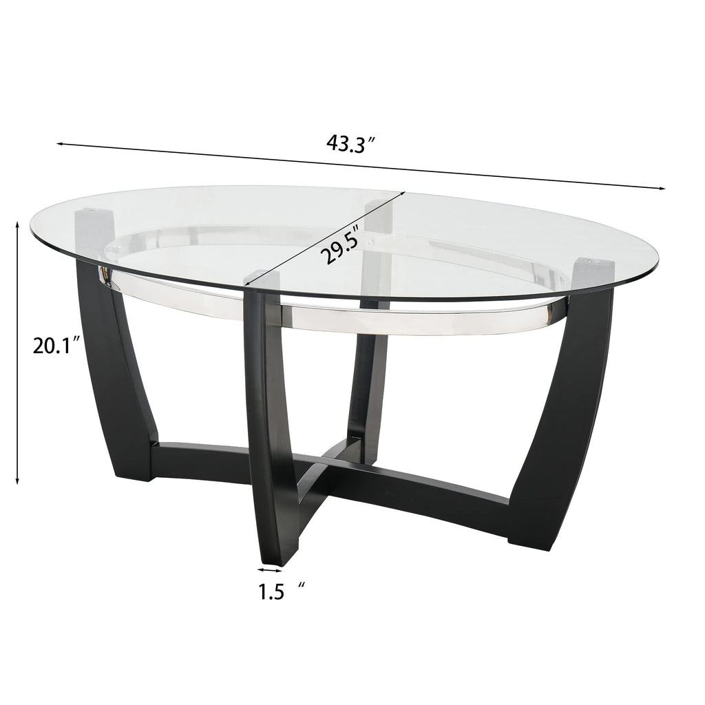 Glass Coffee Table with Solid Wood Base, 43.3''L x 29.5''W x 20.1''H Q671