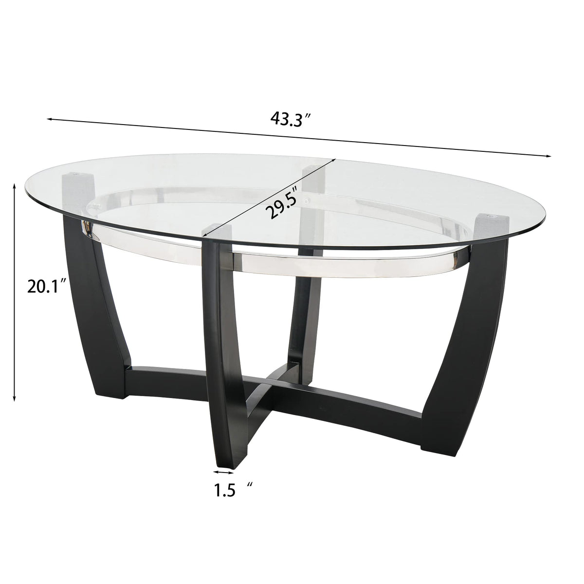 Glass Coffee Table with Solid Wood Base, 43.3''L x 29.5''W x 20.1''H Q671