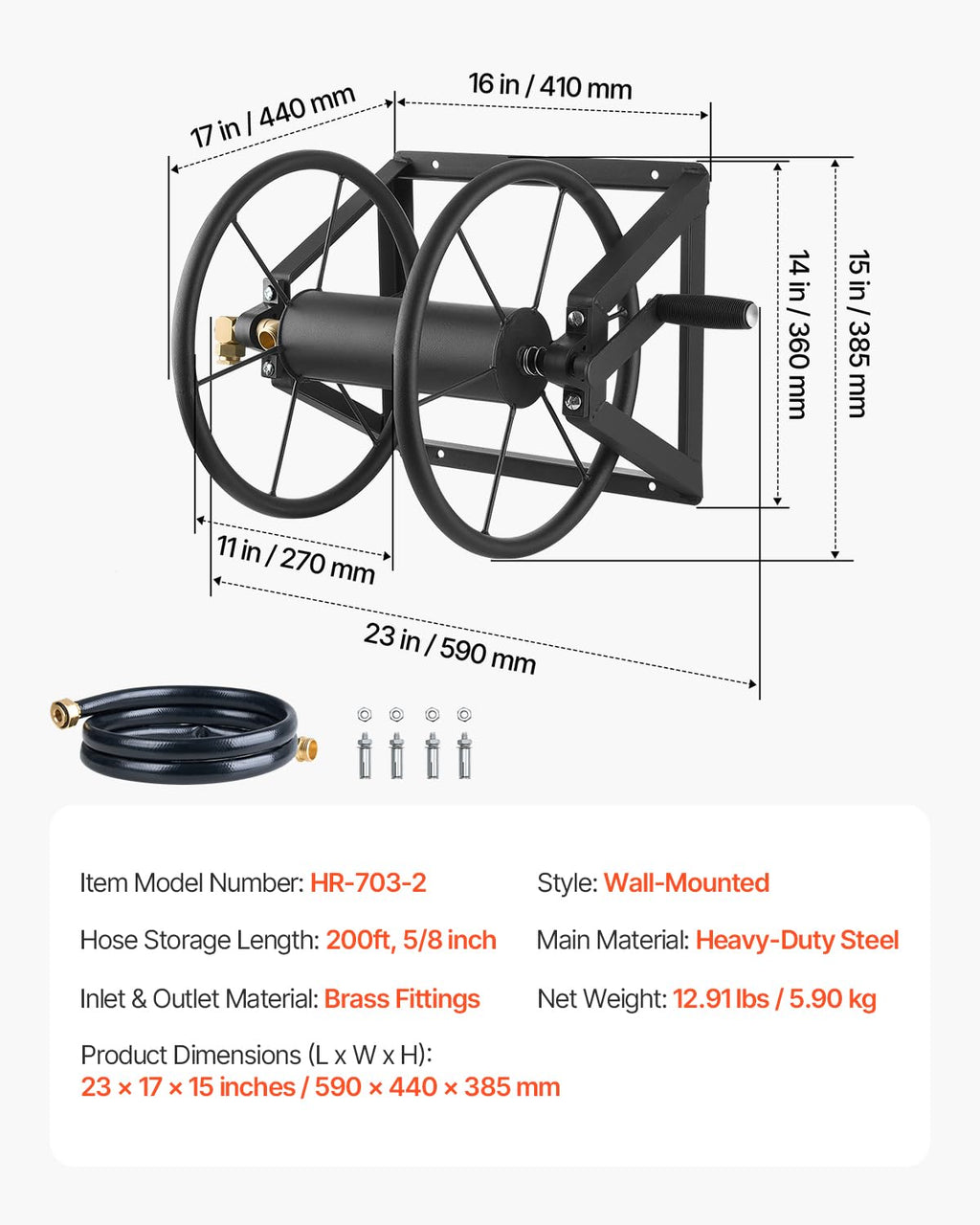 Wall Mounted Garden Hose Reel, Holds 200 ft 5/8-inch, Heavy-Duty Steel H8120