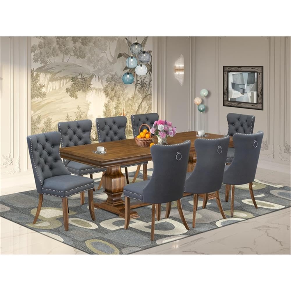 9-Piece Acacia Wood Dining Table Set with Faux Leather Chairs Y7392