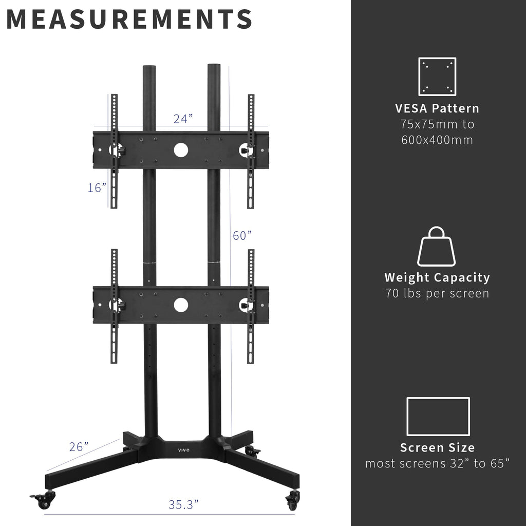 Mobile TV Cart for 32 to 65 inch Dual Screens, Rolling Stand with Locking Wheels, Black B515