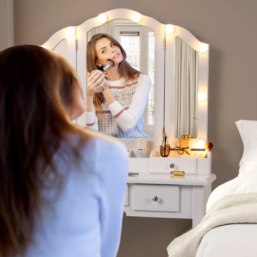 White Makeup Vanity Desk with Mirror and Chair P156