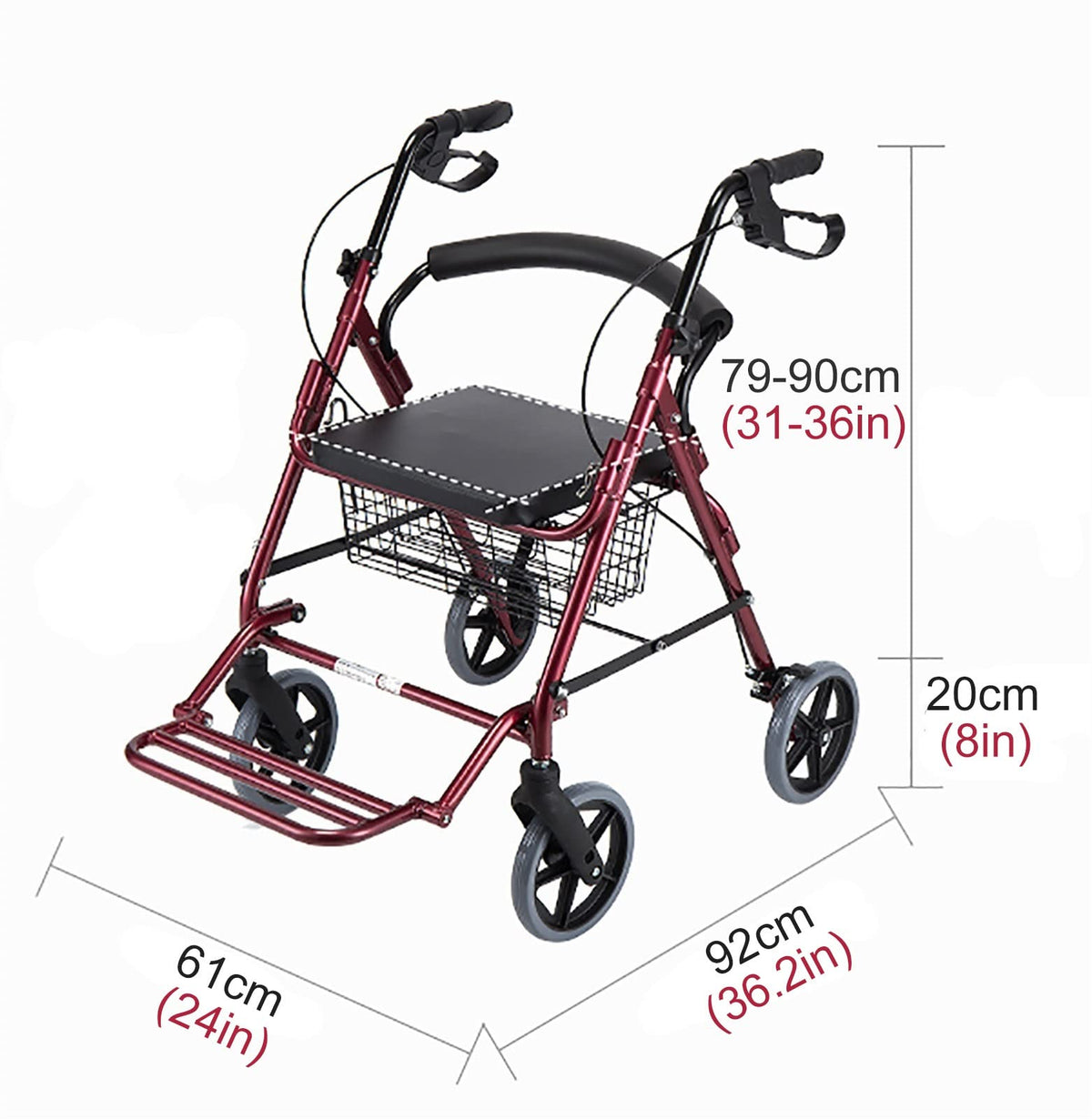 Foldable Rollator Walker with Leather Seat, 8inch Wheels, Brakes and Footrest X3571