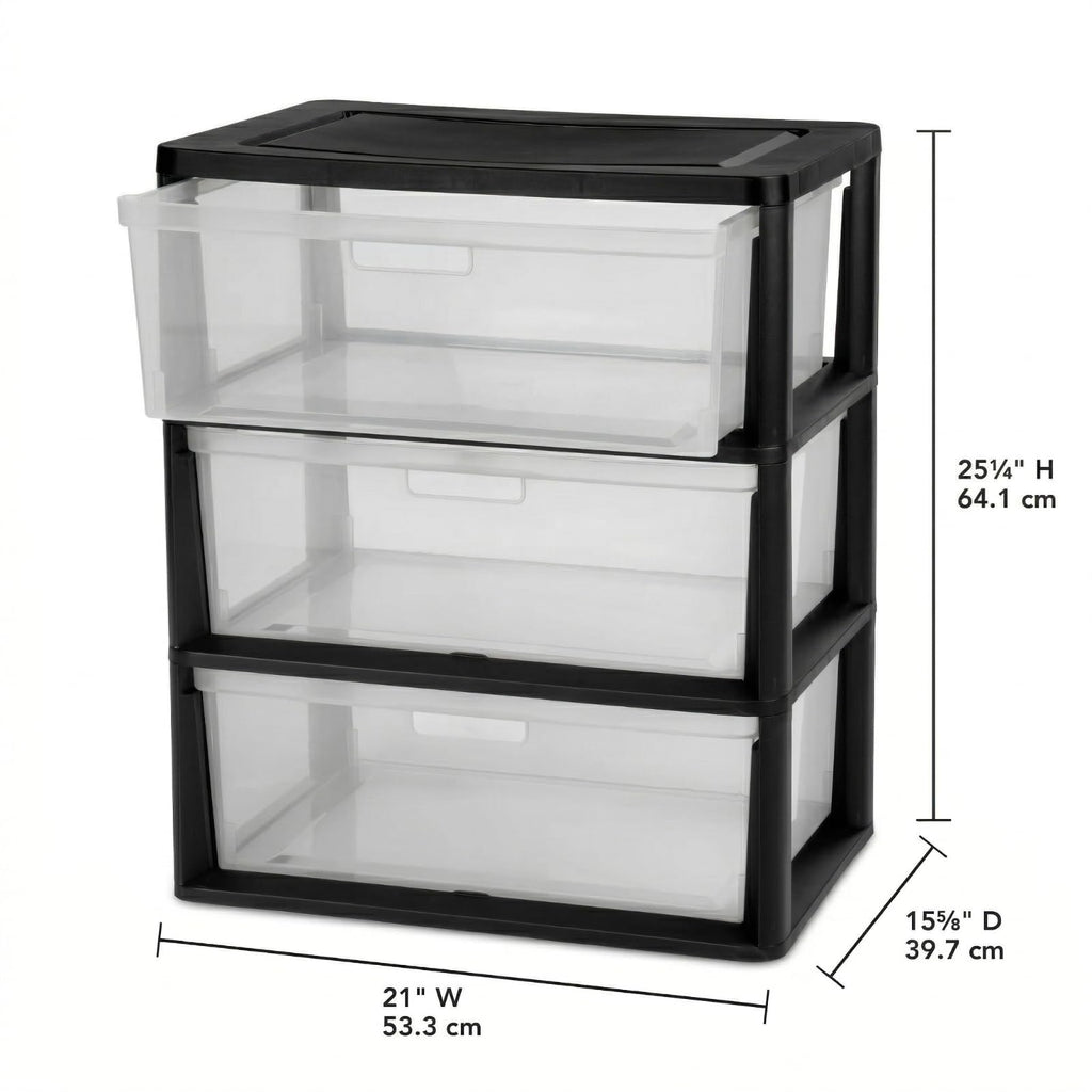 Black 3 Drawer Storage Organizer Tower with Clear Plastic Bins L544