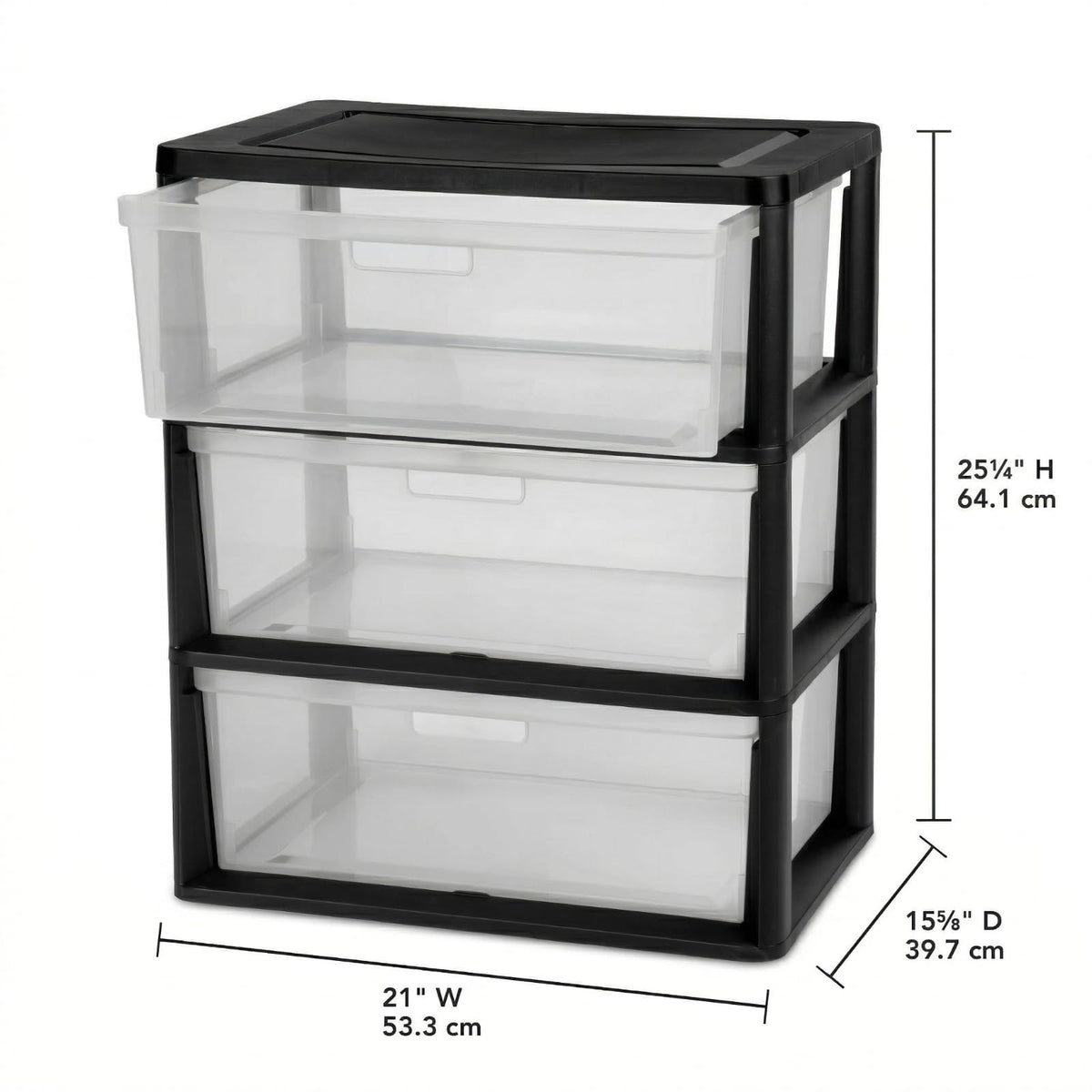 Black 3 Drawer Storage Organizer Tower with Clear Plastic Bins L544
