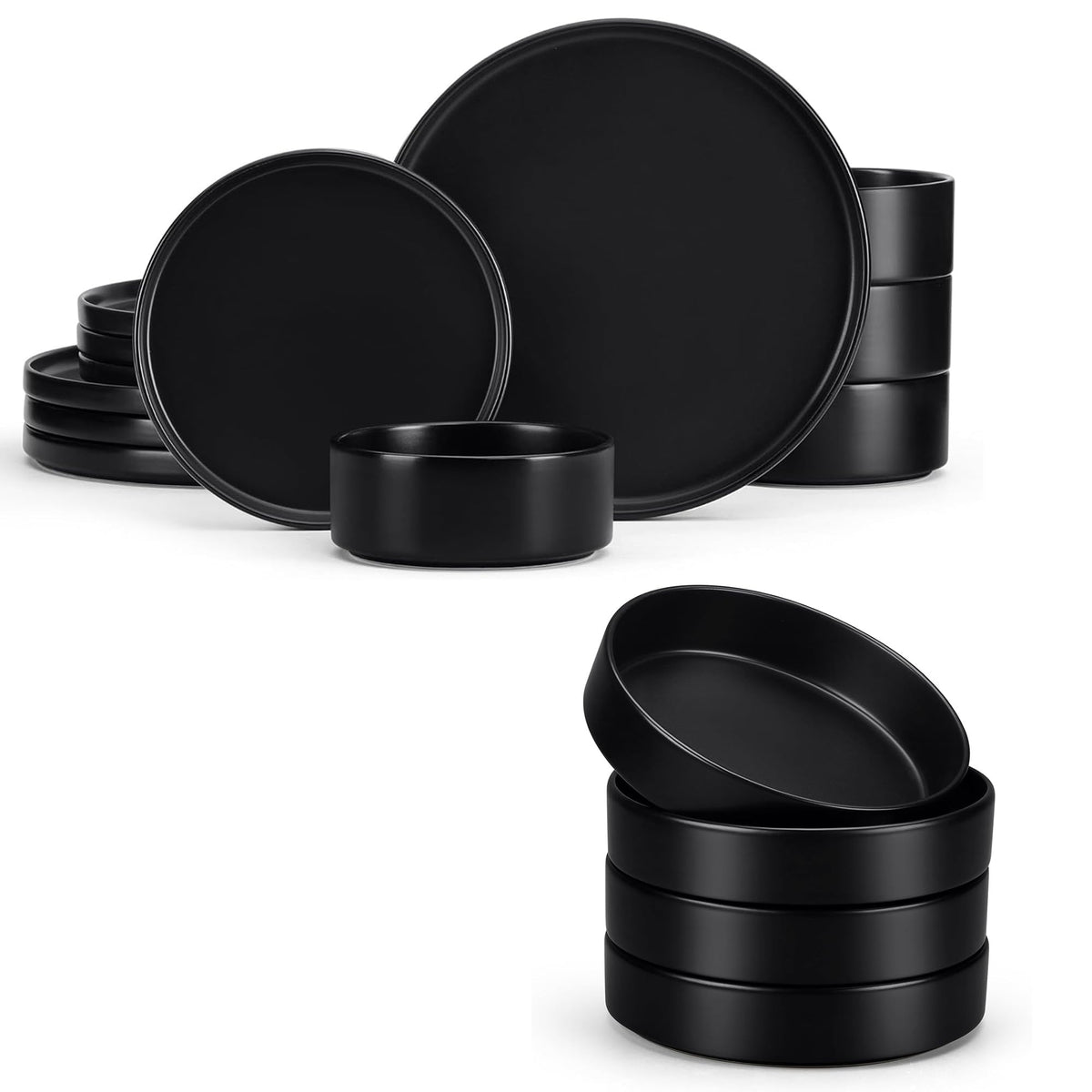 Stoneware Dinnerware Set, 12-Piece Plates and Bowls, Set of 4, Matte Black E26916