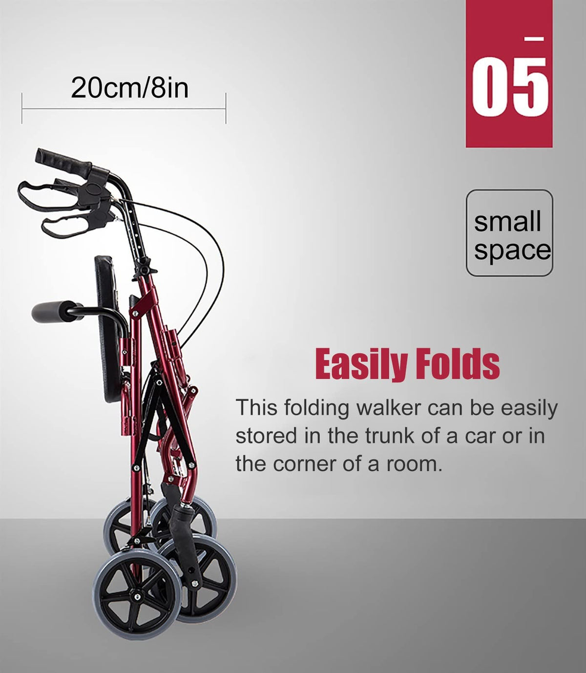 Foldable Rollator Walker with Leather Seat, 8inch Wheels, Brakes and Footrest X3571