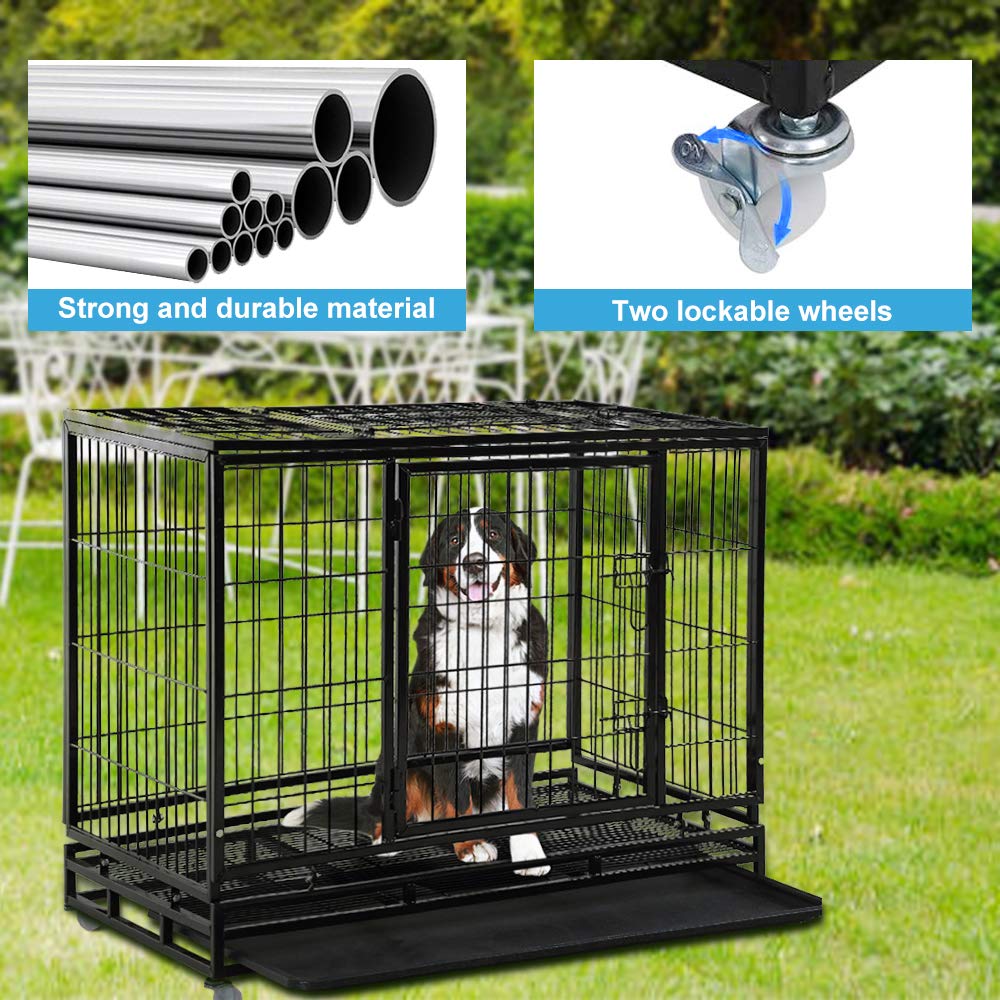 48" Heavy Duty Metal Dog Crate with Lockable Wheels, Double Door & Tray, Black Q354