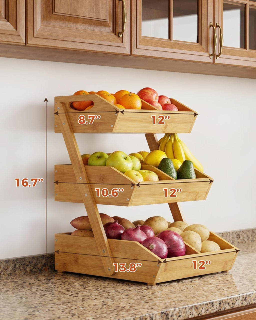 3-Tier Bamboo Fruit Basket with 2 Banana Holders W7349
