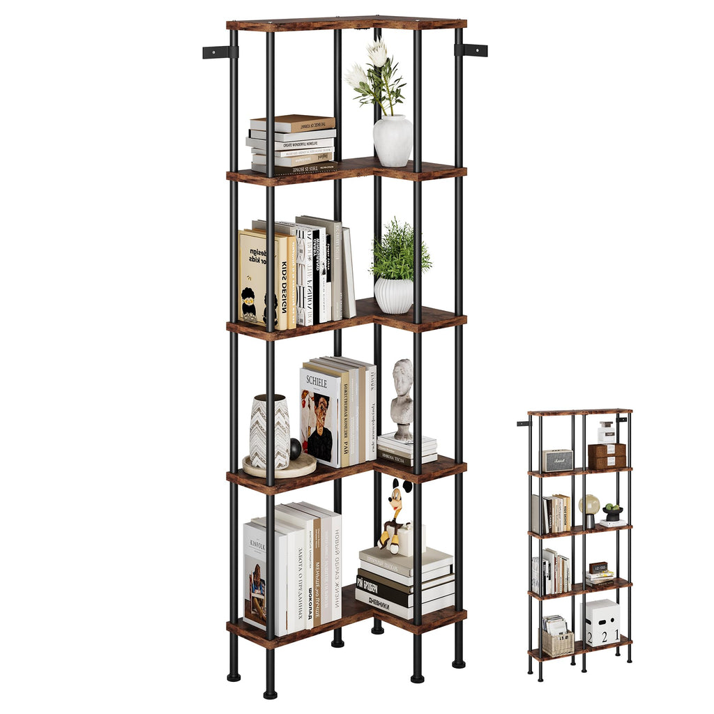 L-Shaped 5-Tier Rustic Brown Bookshelf S324