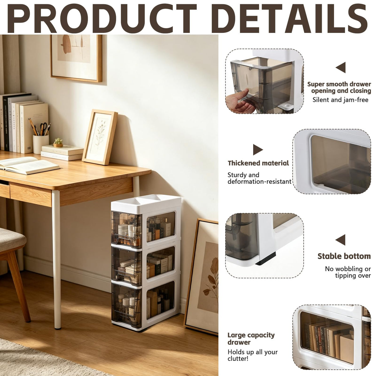 3 Drawer Narrow Plastic Storage Cart with 4 Wheels U69887
