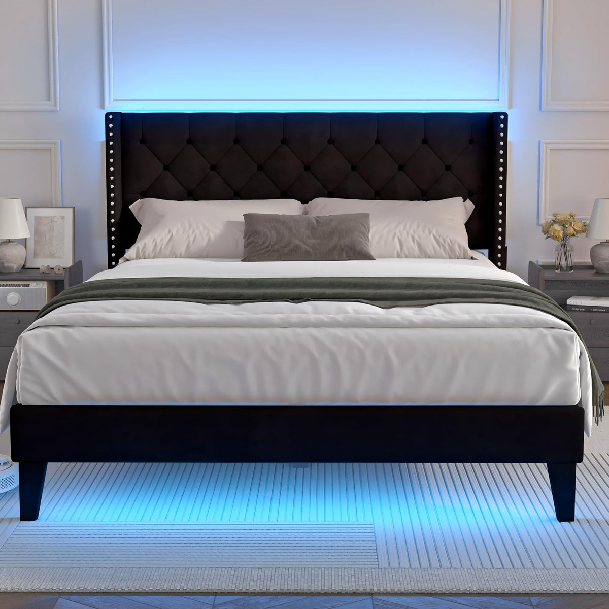 Black Velvet Upholstered Platform Bed Frame with Wingback Headboard Q34834