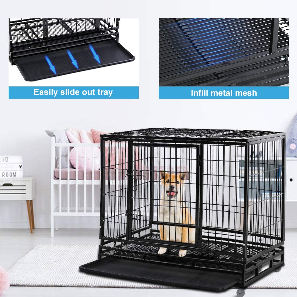 48" Heavy Duty Metal Dog Crate with Lockable Wheels, Double Door & Tray, Black Q354