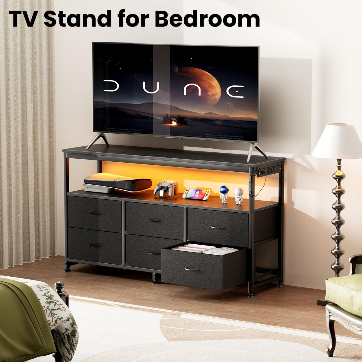 Black Dresser TV Stand with 6 Fabric Drawers Y412