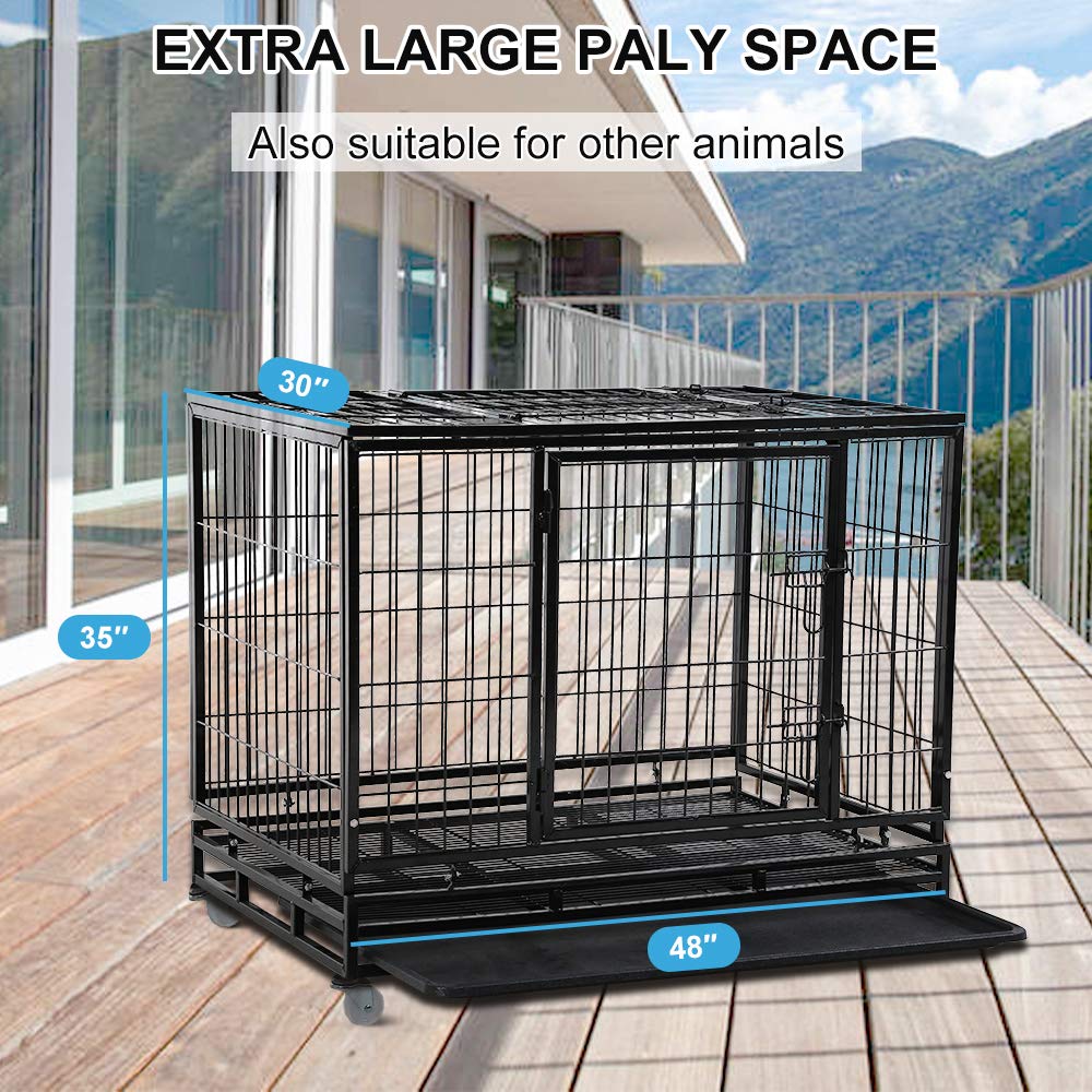 48" Heavy Duty Metal Dog Crate with Lockable Wheels, Double Door & Tray, Black Q354