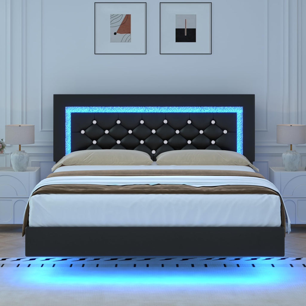 Black Full Floating Bed Frame with LED Lights and Tufted Headboard Z695395