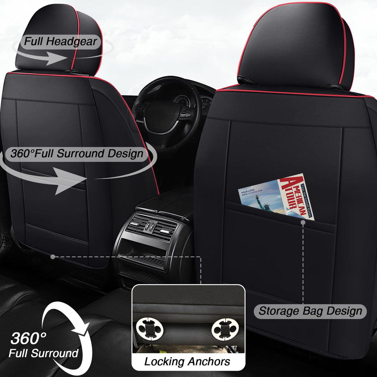 Black-Red Leather Car Seat Covers Full Set J849