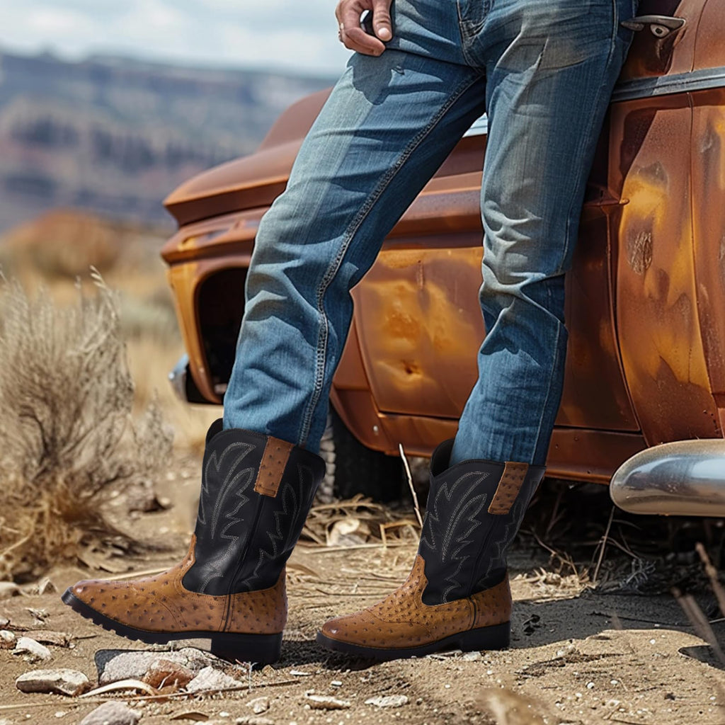 Men's Western Cowboy Boots Square Toe Mid-Calf Boots H33997