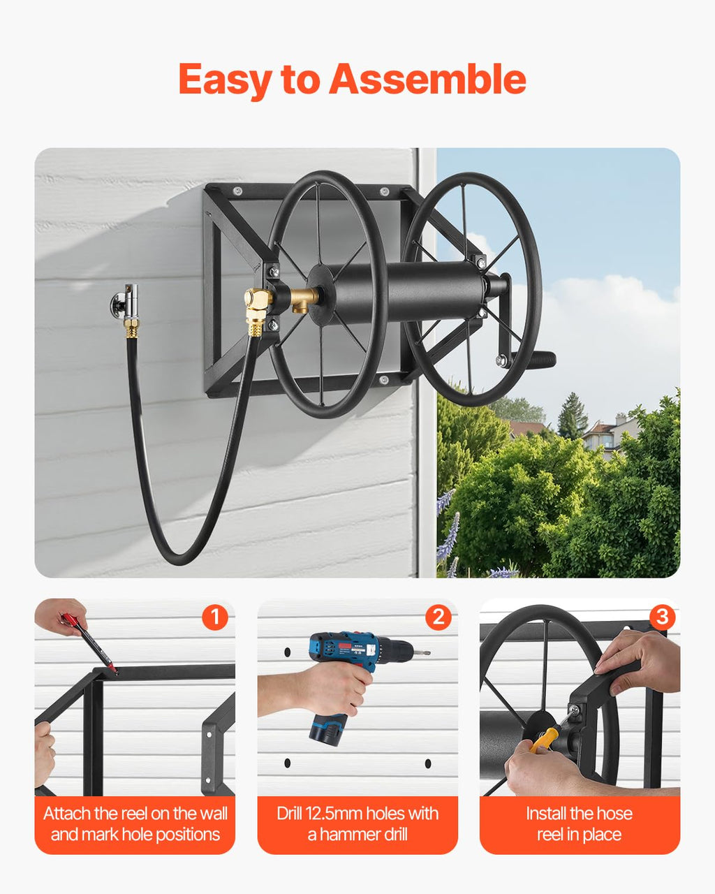 Wall Mounted Garden Hose Reel, Holds 200 ft 5/8-inch, Heavy-Duty Steel H8120