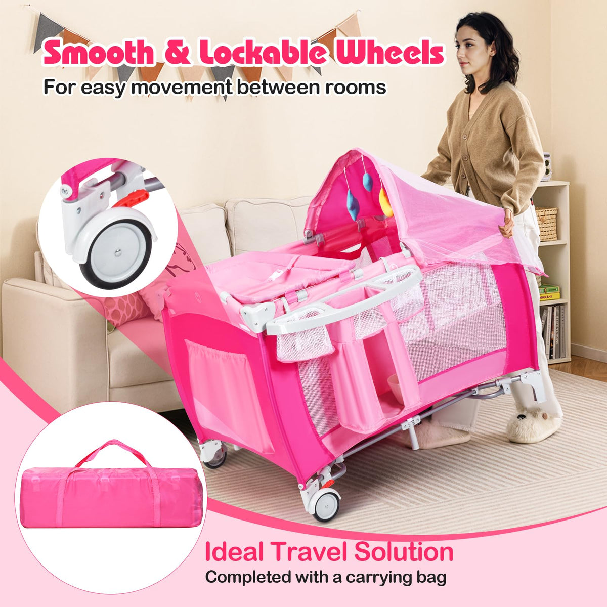 4 in 1 Pack and Play Portable Baby Bassinet Playpen with Diaper Changer Mattress Canopy Storage Rack Toy Bar Music Box Foldable Travel Playard Pink I40675