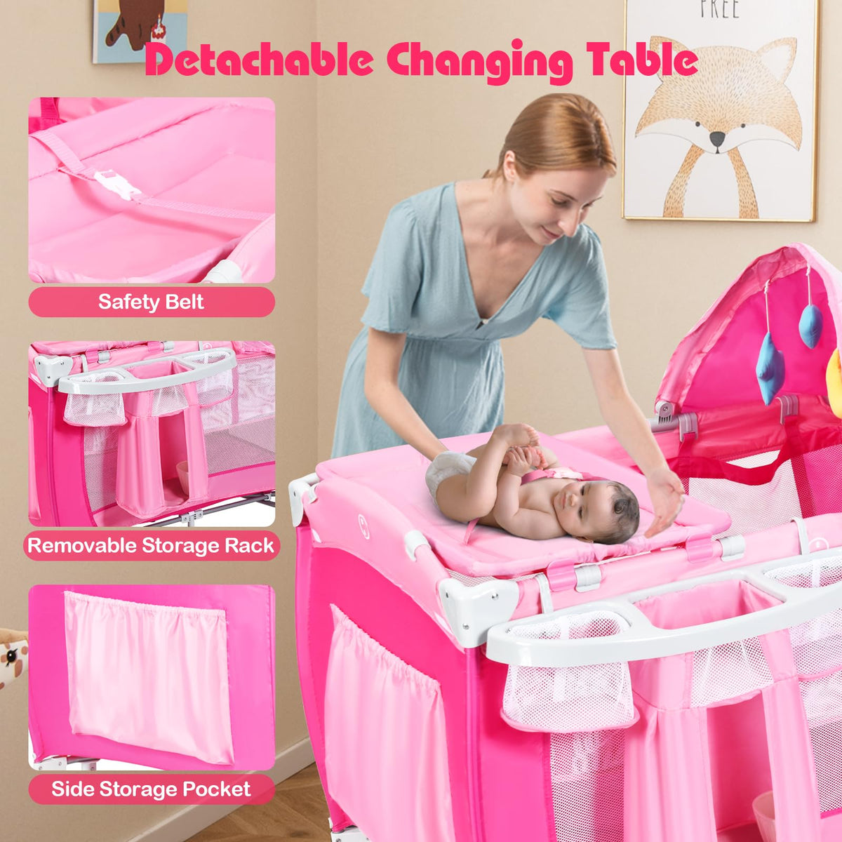 4 in 1 Pack and Play Portable Baby Bassinet Playpen with Diaper Changer Mattress Canopy Storage Rack Toy Bar Music Box Foldable Travel Playard Pink I40675