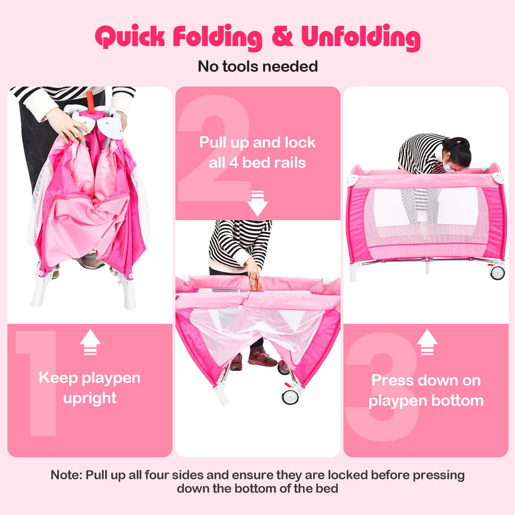 4 in 1 Pack and Play Portable Baby Bassinet Playpen with Diaper Changer Mattress Canopy Storage Rack Toy Bar Music Box Foldable Travel Playard Pink I40675