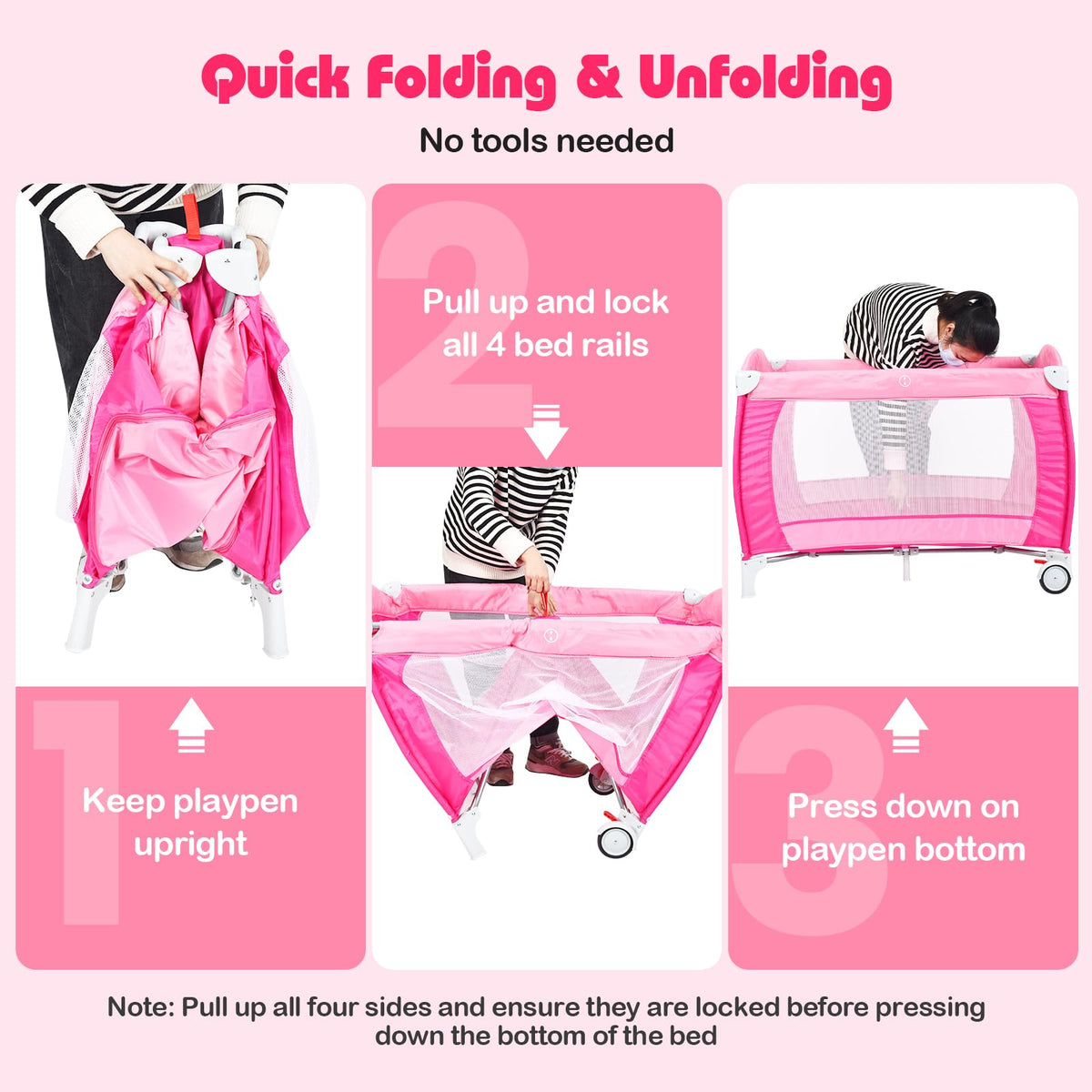 4 in 1 Pack and Play Portable Baby Bassinet Playpen with Diaper Changer Mattress Canopy Storage Rack Toy Bar Music Box Foldable Travel Playard Pink I40675