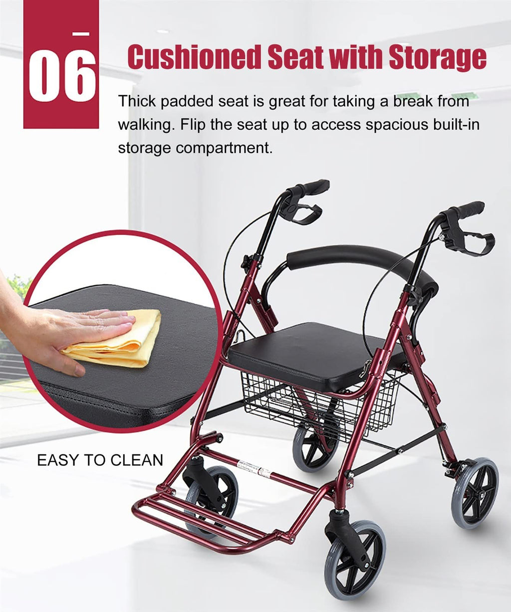 Foldable Rollator Walker with Leather Seat, 8inch Wheels, Brakes and Footrest X3571