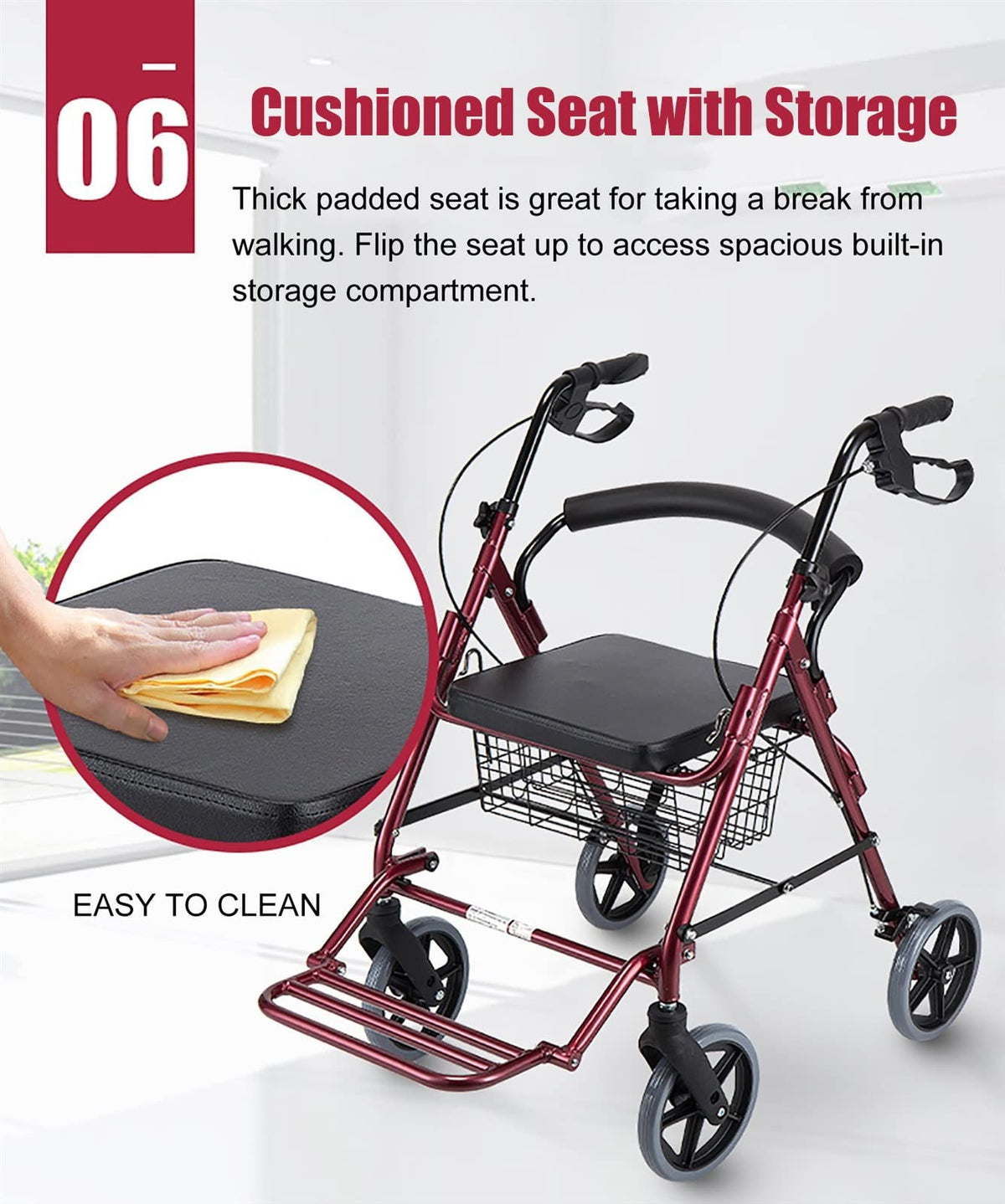 Foldable Rollator Walker with Leather Seat, 8inch Wheels, Brakes and Footrest X3571