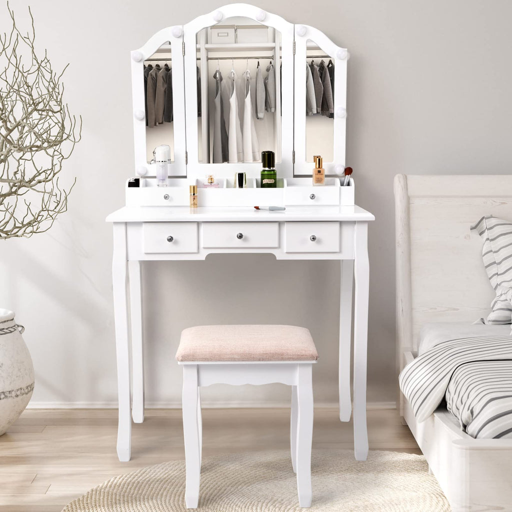 White Makeup Vanity Desk with Mirror and Chair P156