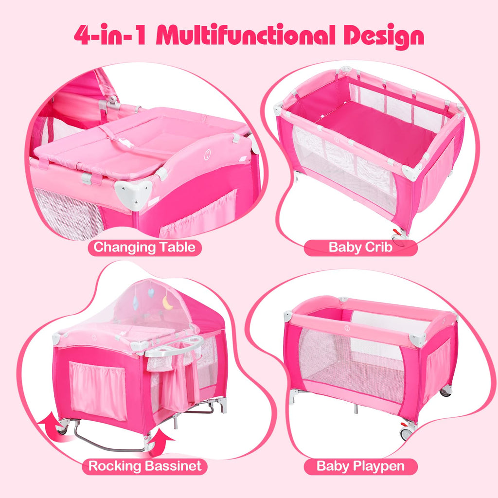 4 in 1 Pack and Play Portable Baby Bassinet Playpen with Diaper Changer Mattress Canopy Storage Rack Toy Bar Music Box Foldable Travel Playard Pink I40675