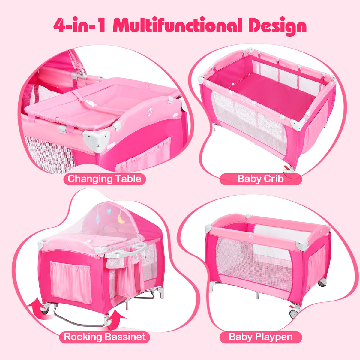 4 in 1 Pack and Play Portable Baby Bassinet Playpen with Diaper Changer Mattress Canopy Storage Rack Toy Bar Music Box Foldable Travel Playard Pink I40675