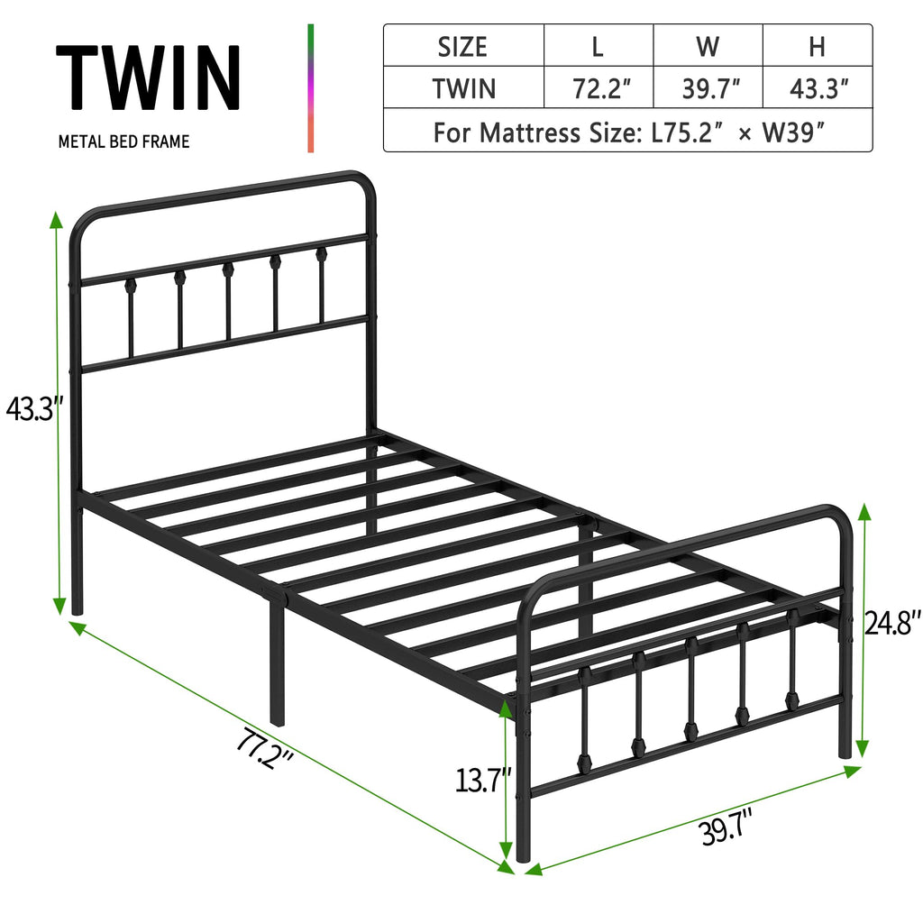 Twin Size Metal Bed Frame with Headboard and Footboard Q9719